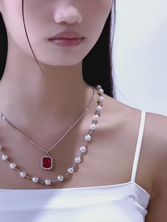 NboStore Pearl Stitching Red Gemstone Necklace | Face 3 Face