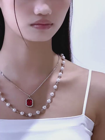 NboStore Pearl Stitching Red Gemstone Necklace