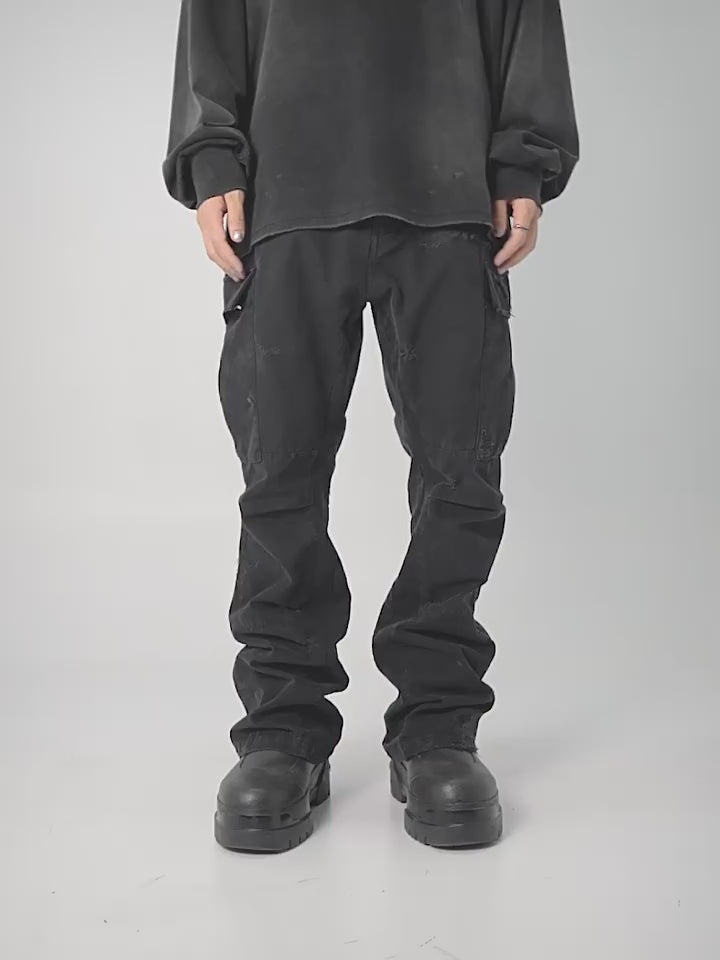 UNDERWATER Needle Embroidery Distressed Flared Cargo Work Pants