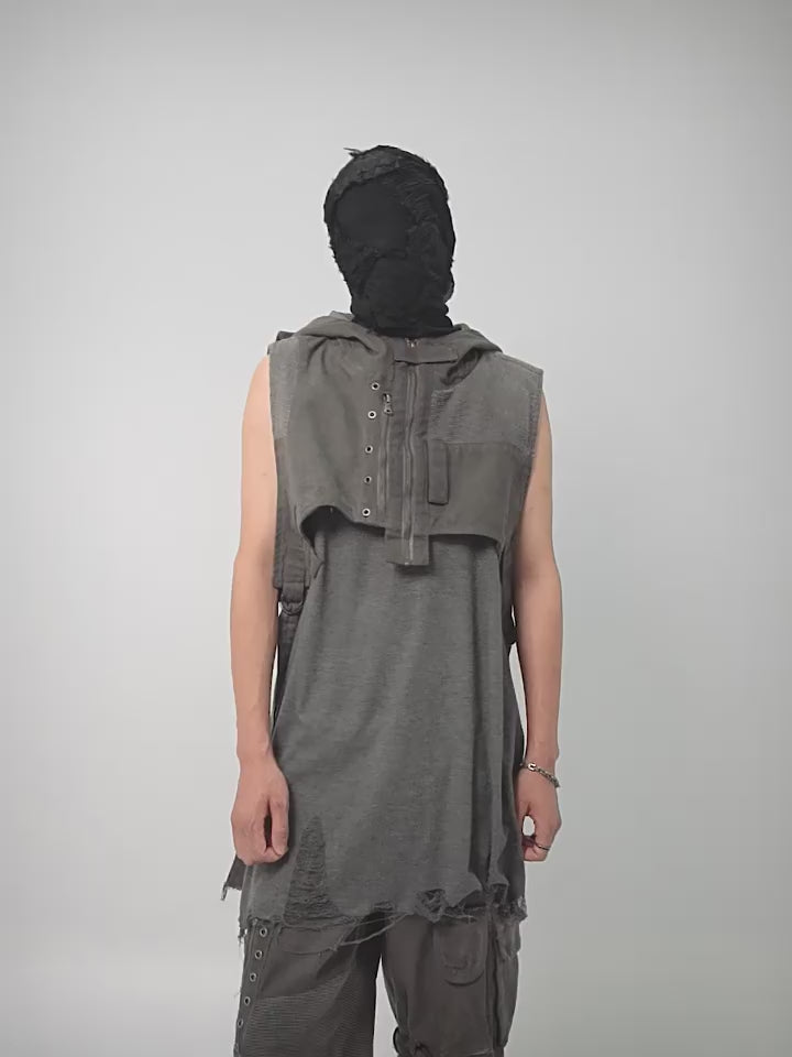 UNDERWATER Wasteland Dirty Scavenger Mesh Patchwork Short Hooded Vest