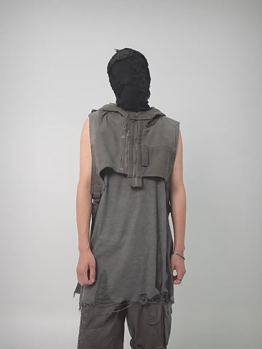 UNDERWATER Wasteland Dirty Scavenger Mesh Patchwork Short Hooded Vest