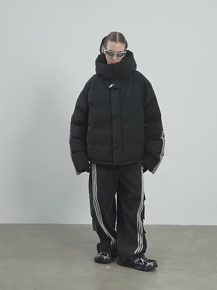 Harsh and Cruel Stand Up Collar Striped Hooded Down Jacket