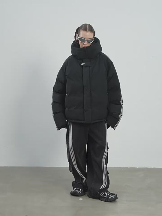 Harsh and Cruel Stand Up Collar Striped Hooded Down Jacket