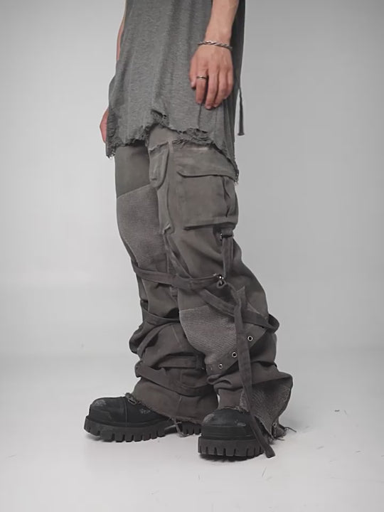 UNDERWATER Scavenger Bandage Mesh Patchwork Pocket Cargo Work Pants