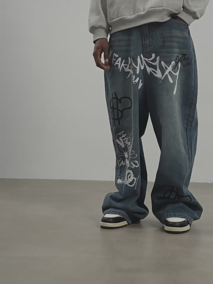 Harsh and Cruel Spray Painted Baggy Denim
