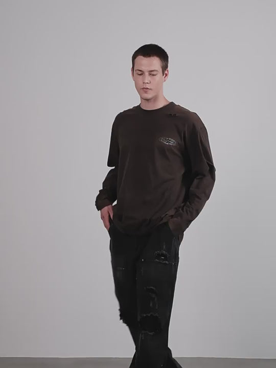 Harsh and Cruel Washed Destroyed Typography Printed Long Sleeve Tee