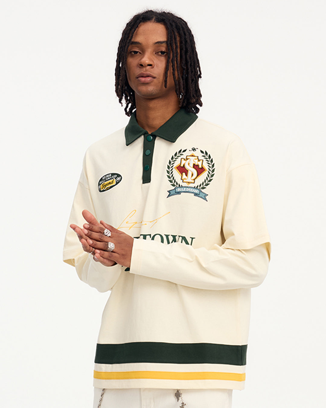 Small Town Kid 3D Embroidered Badge Fake Two-Piece Long-Sleeve Polo | Face 3 Face