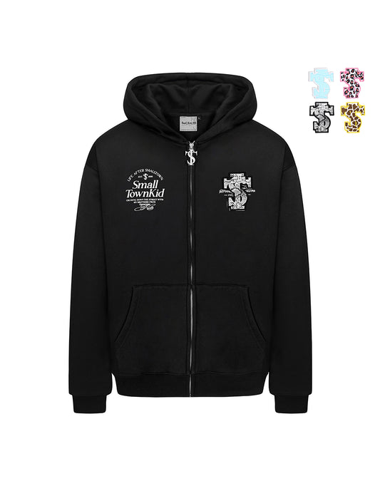 Small Town Kid Animal Textured Logo Velcro Zip-Up Hoodie | Face 3 Face