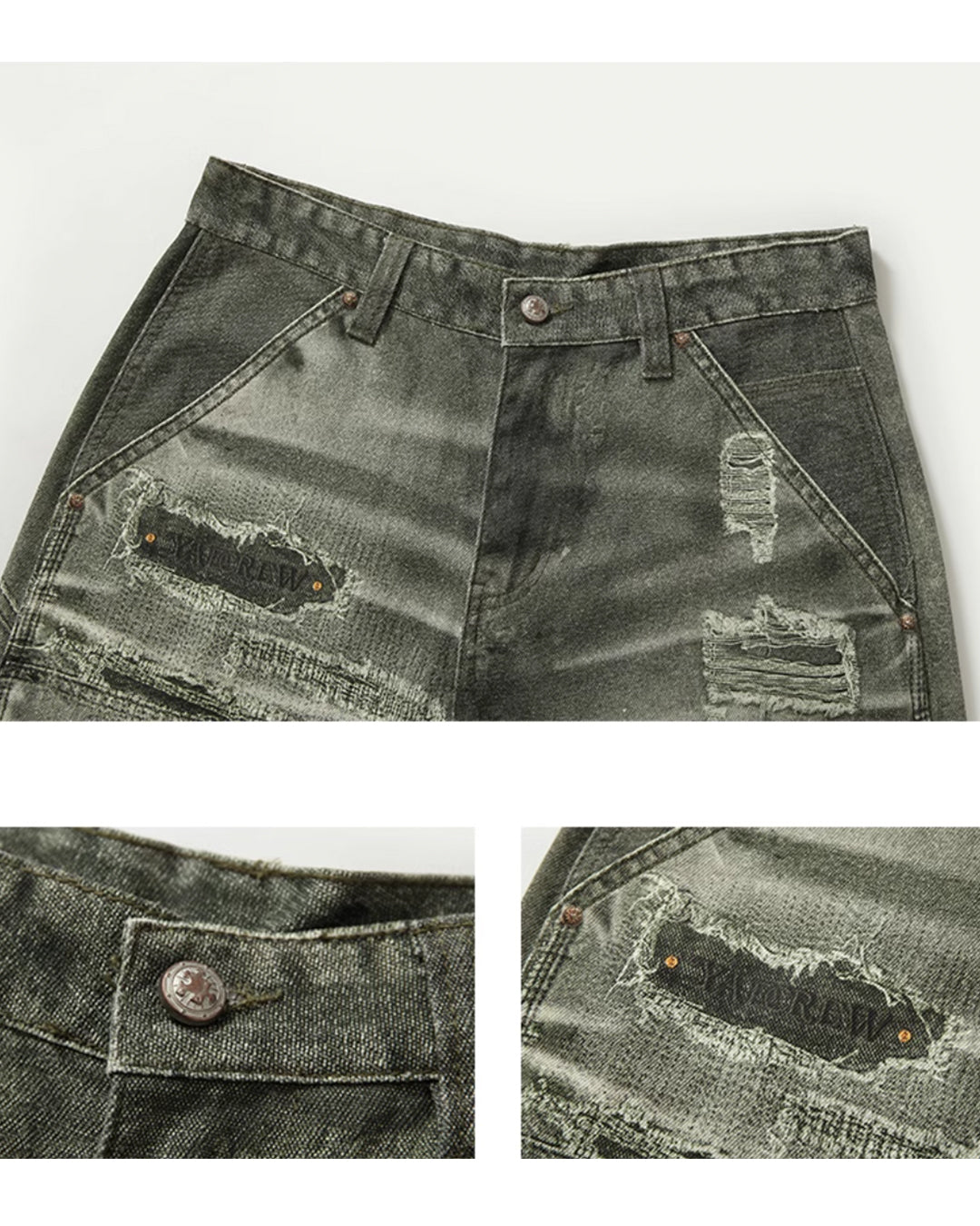 YADcrew Needle Stitch Hole Double Knee Print Jeans | Face 3 Face