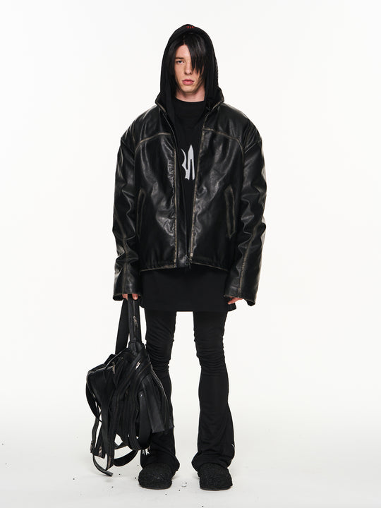 BLIND NO PLAN Distressed Stitching Leather Jacket