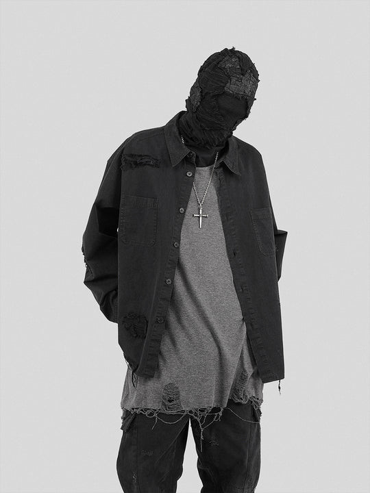 UNDERWATER Sand Washed Destroyed Needle Embroidery Shirt Jacket