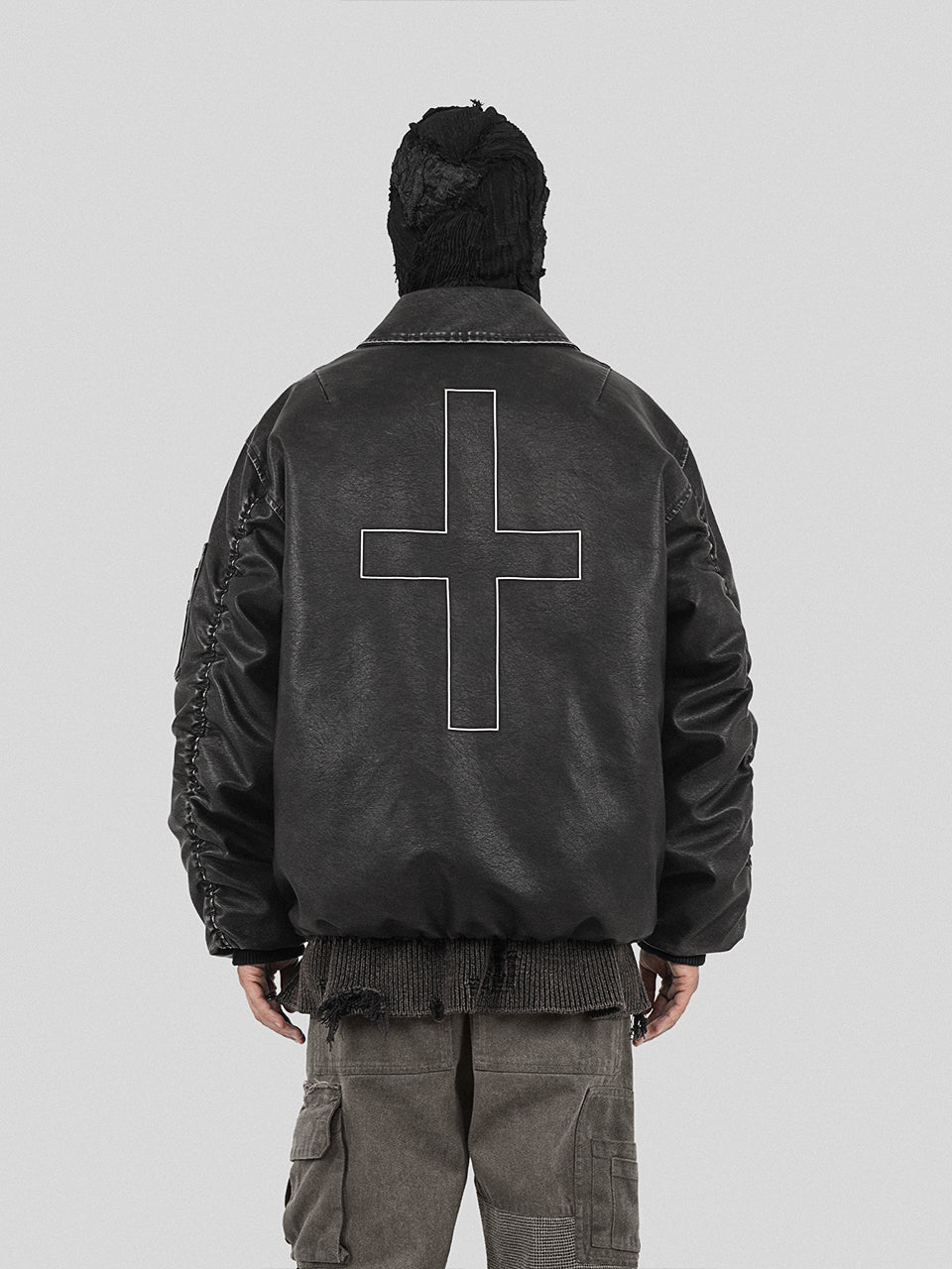 UNDERWATER Cross Embroidered Down Leather Bomber Jacket MA-1