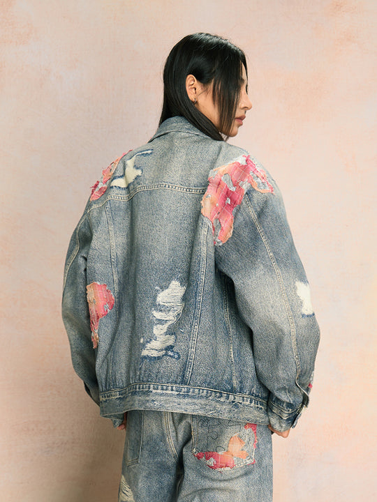 YADcrew Evening Lace Printed Patchwork Denim Jacket