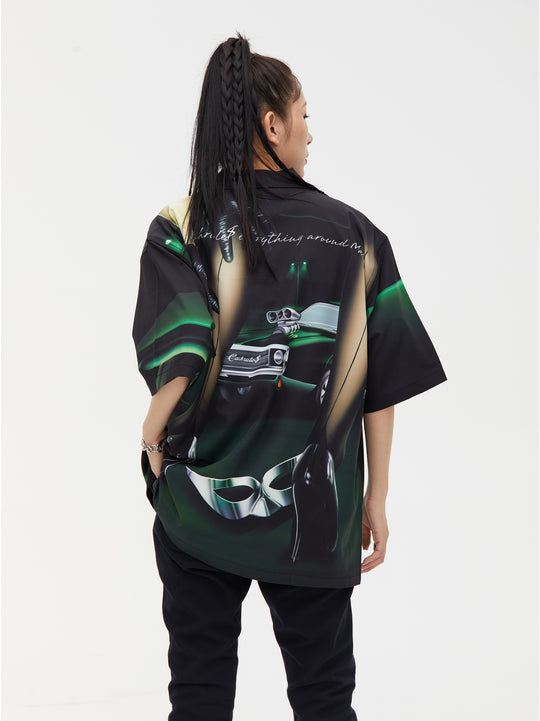 Cashrules Gangster Sports Car Print Short Sleeved Cuban Shirt