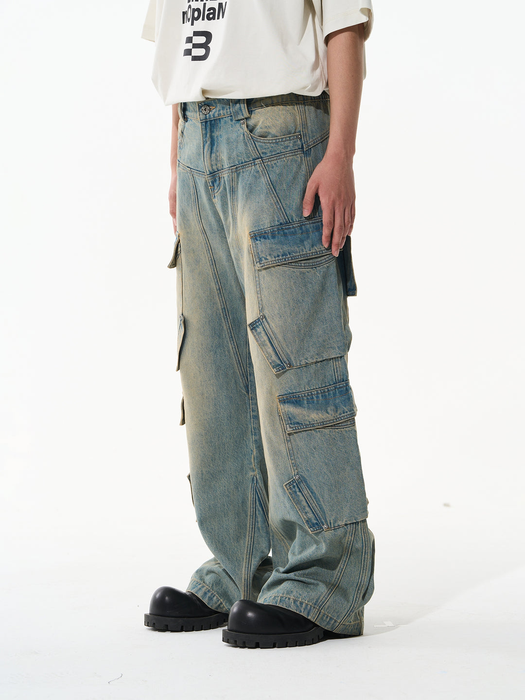 BLIND NO PLAN Aged & Washed Pocket Patchwork Denim Work Pants