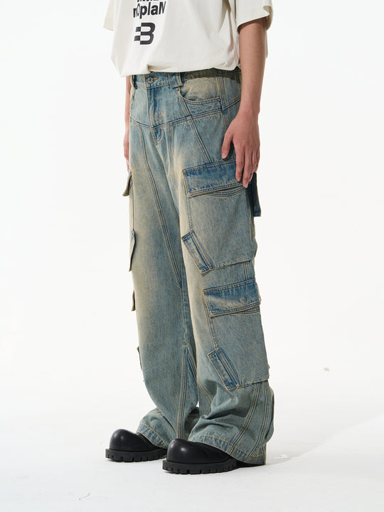 BLIND NO PLAN Aged & Washed Pocket Patchwork Denim Work Pants