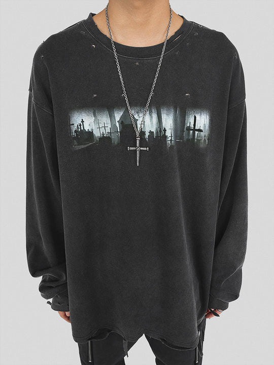 UNDERWATER Cemetery Printed Long Sleeve Tee