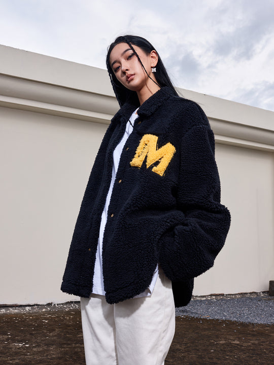 MEDM Logo Letters Embroidered Sherpa Fleece Boa Jacket | Face 3 Face