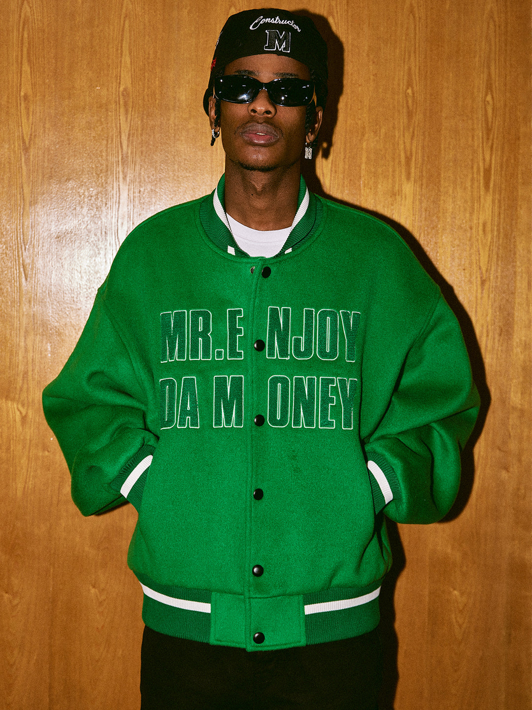 MEDM Spell Leather Logo Embroidered Varsity Jacket | Face 3 Face