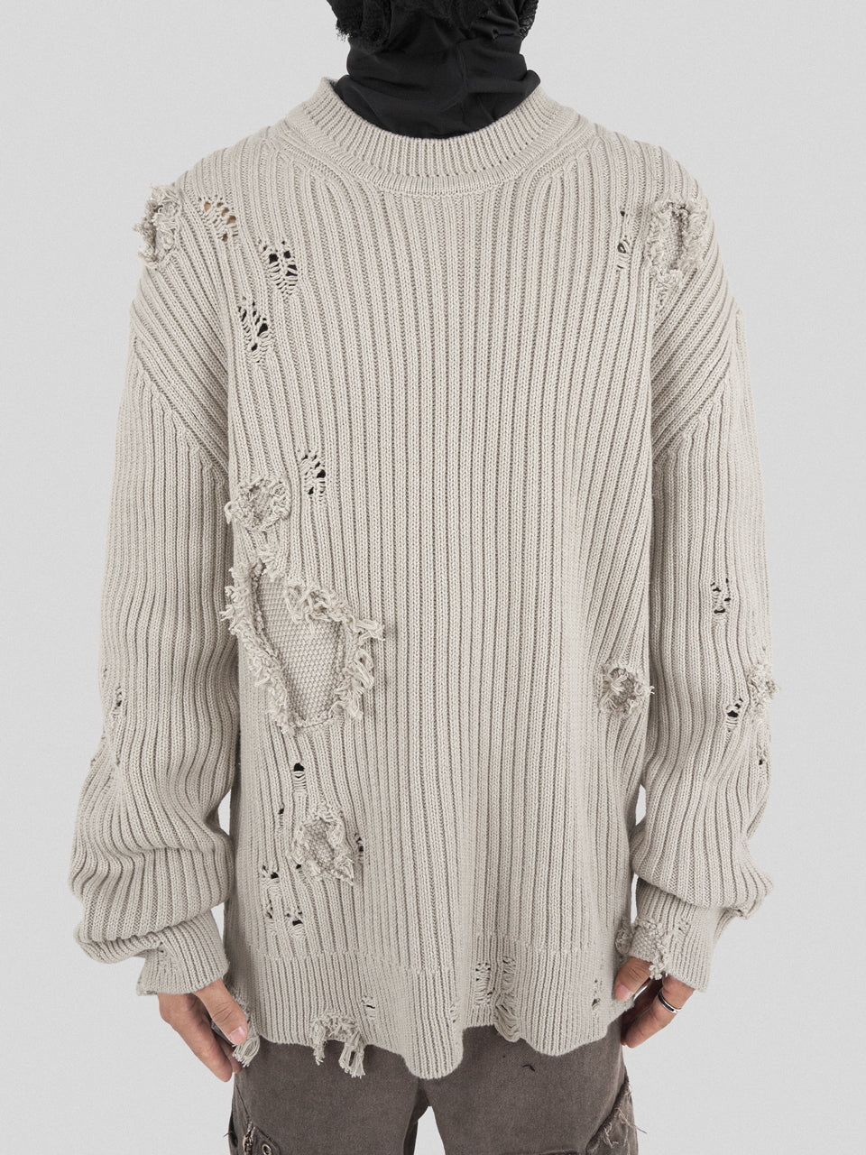 UNDERWATER Washed Handmade Destruction Patchwork Knit Sweater Beige