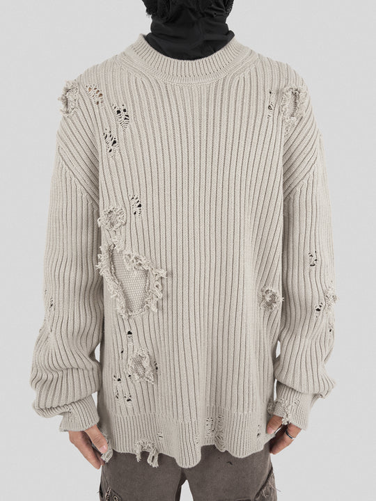 UNDERWATER Washed Handmade Destruction Patchwork Knit Sweater Beige