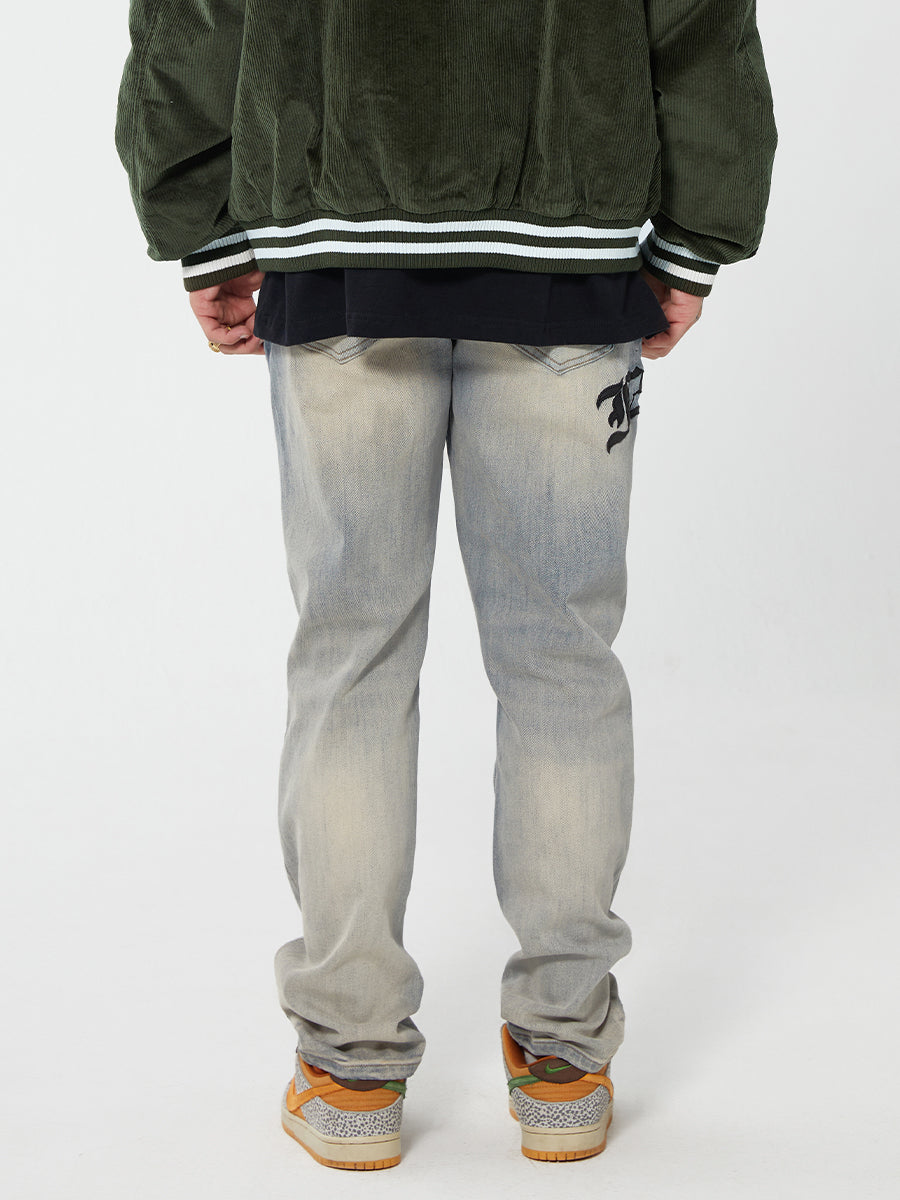 F2CE Destruction Embroidered LOGO Straight Denim Jeans Pants | Face 3 Face