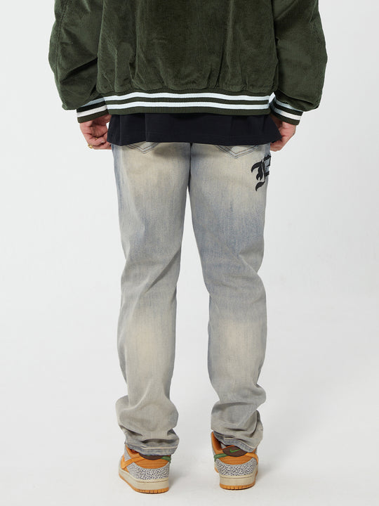 F2CE Destruction Embroidered LOGO Straight Denim Jeans Pants | Face 3 Face