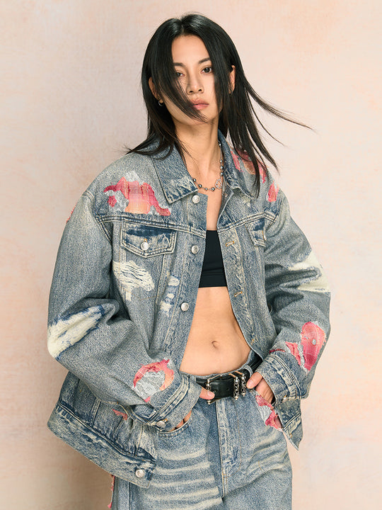 YADcrew Evening Lace Printed Patchwork Denim Jacket