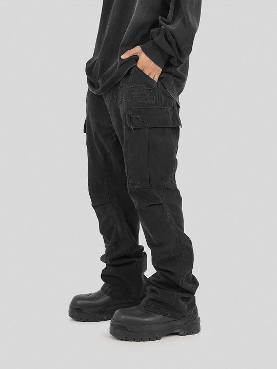 UNDERWATER Needle Embroidery Distressed Flared Cargo Work Pants