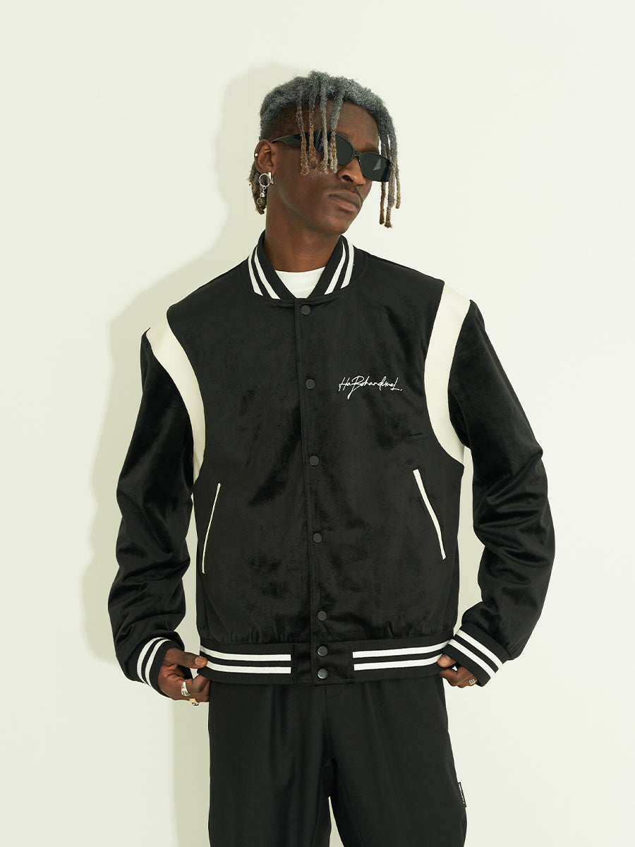 Harsh and Cruel Handwritten LOGO Embroidered Velvet Varsity Jacket | Face 3 Face