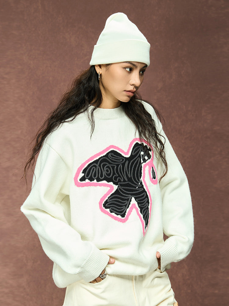 YADcrew Peace Dove 3D Rope Embroidery Knit Sweater