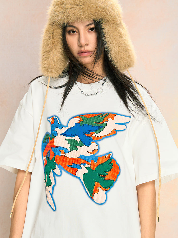 YADcrew Peace Dove Embroidered Pellet Foam Printed Tee