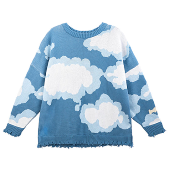 Harsh and Cruel Blue Sky Cloud Ripped Knit Sweater | Face 3 Face