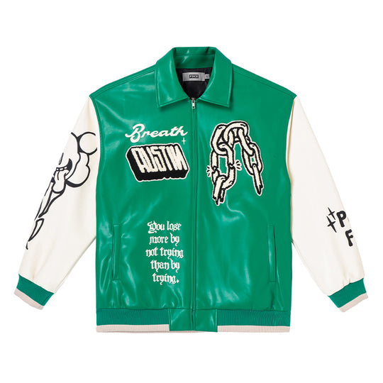 F2CE Chain Embroidery PU Leather Varsity Jacket