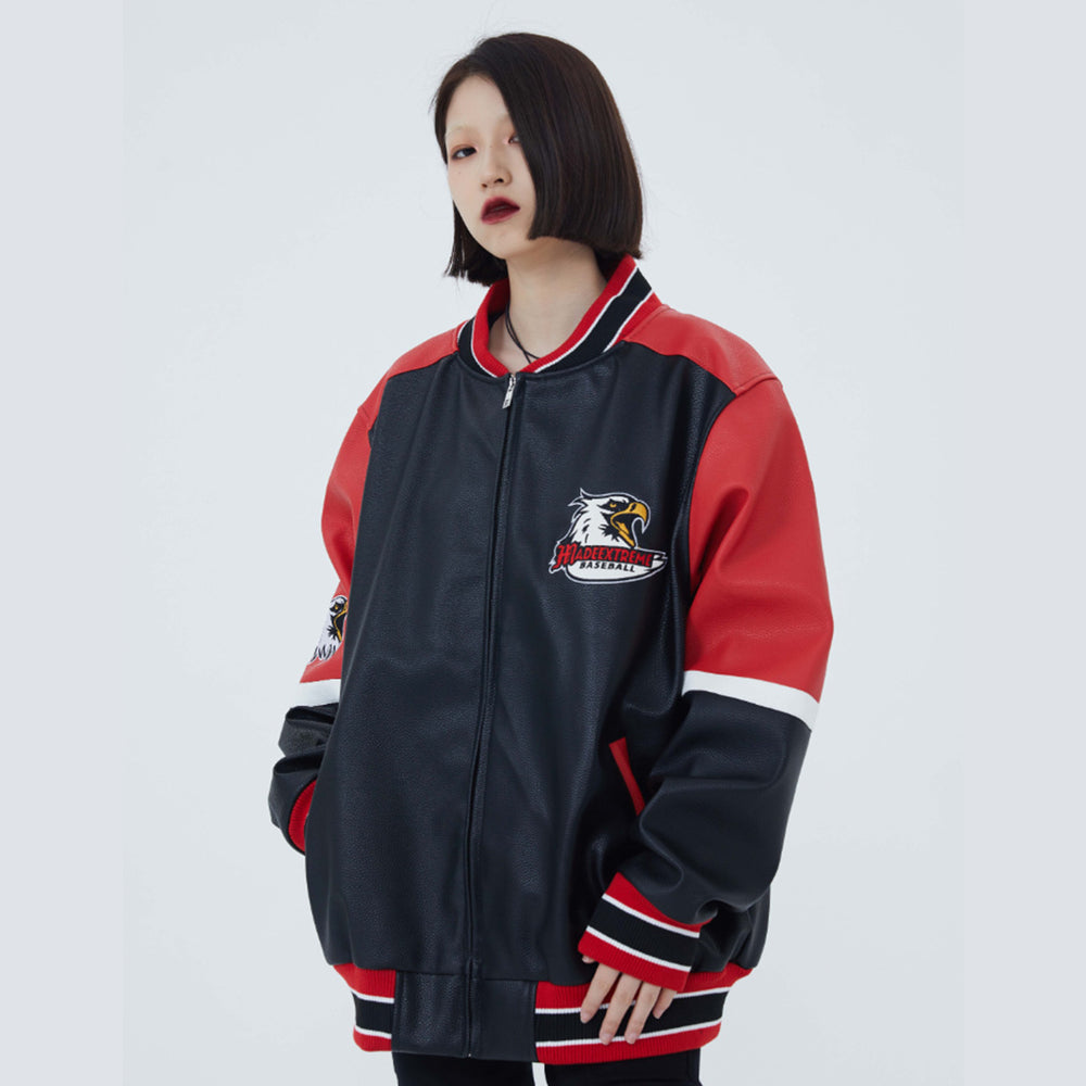 F3F Select  Eagle Embroidery Color Blocking Biker PU Leather Jacket