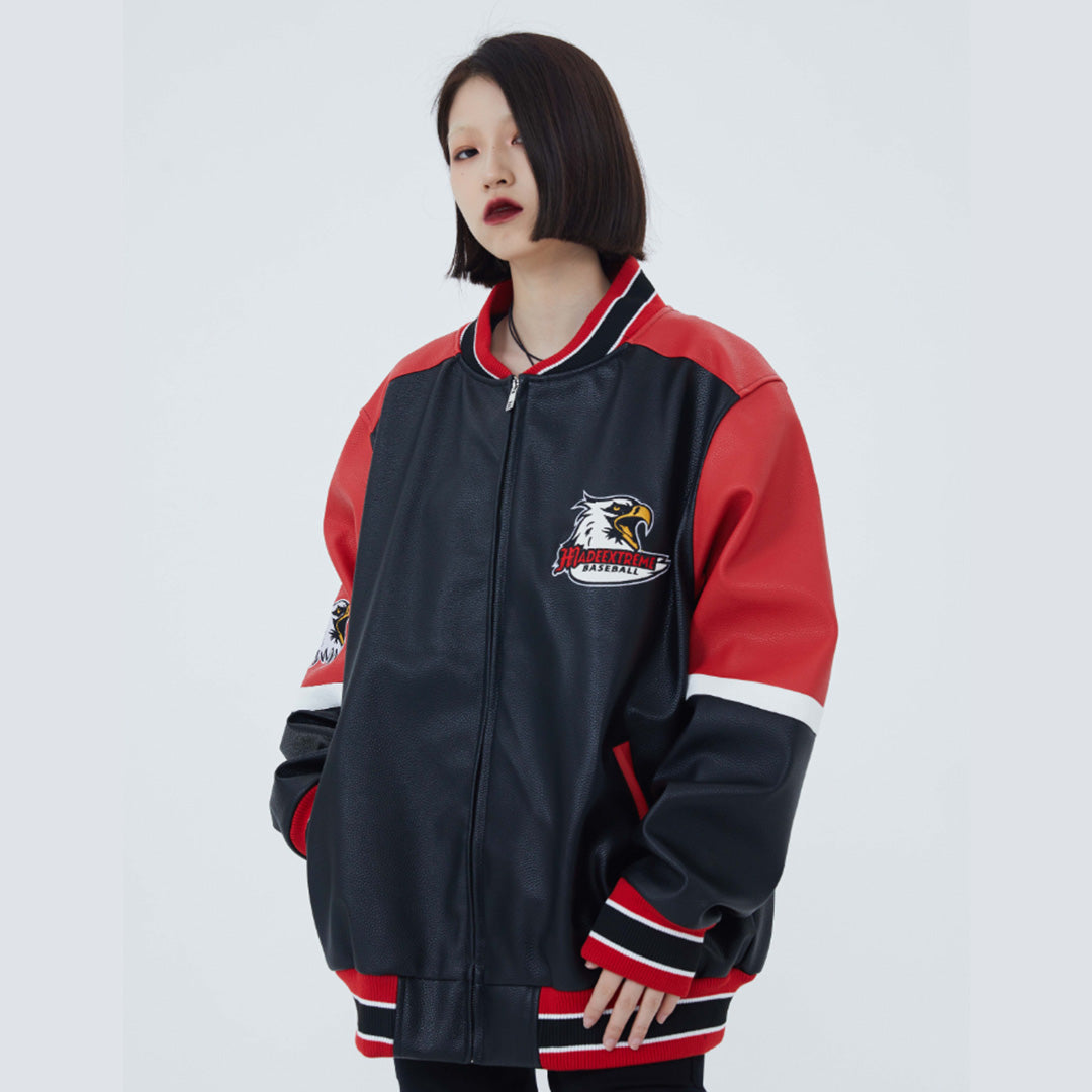 F3F Select  Eagle Embroidery Color Blocking Biker PU Leather Jacket