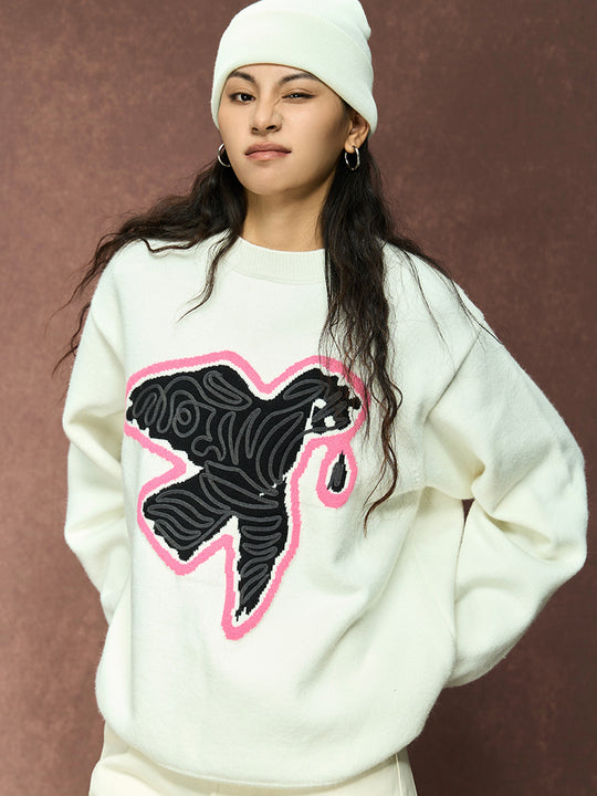 YADcrew Peace Dove 3D Rope Embroidery Knit Sweater