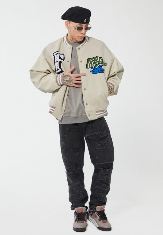 F2CE Mercy LOGO Dice Embroidered Woolen Varsity Jacket | Face 3 Face