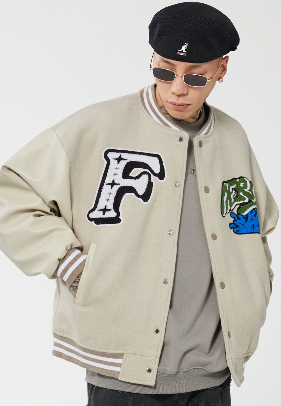F2CE Mercy Embroidered Woolen Varsity Jacket Khaki / 2XL