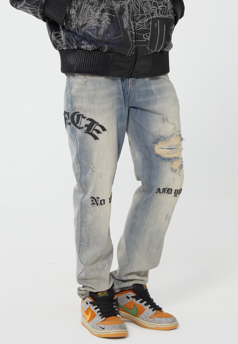 F2CE Destruction Embroidered LOGO Straight Denim Jeans Pants | Face 3 Face