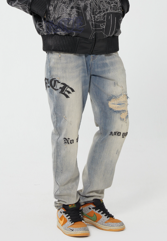 F2CE Destruction Embroidered LOGO Straight Denim Jeans Pants | Face 3 Face