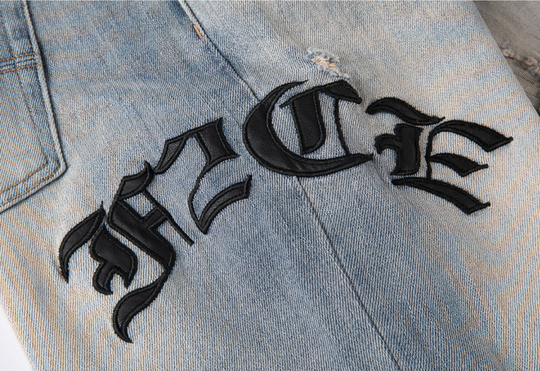 F2CE Destruction Embroidered LOGO Straight Denim Jeans Pants | Face 3 Face