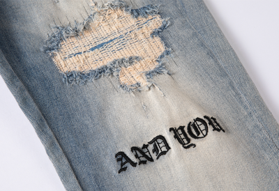 F2CE Destruction Embroidered LOGO Straight Denim Jeans Pants
