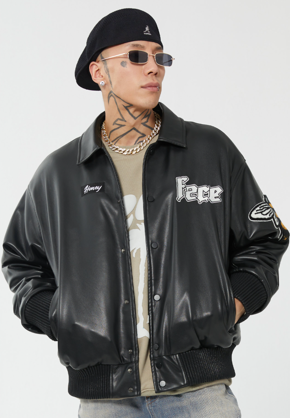 F2CE Leather Embroidery LOGO Varsity Jacket | Face 3 Face