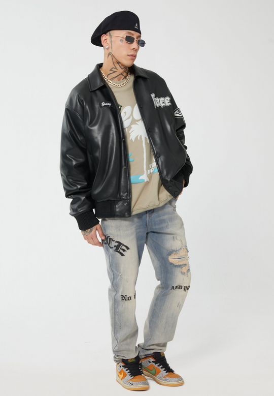 F2CE Leather Embroidery LOGO Varsity Jacket | Face 3 Face