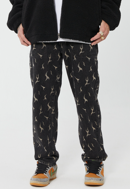 F2CE Lightning Flame Washed Jacquard Denim Jeans Pants | Face 3 Face