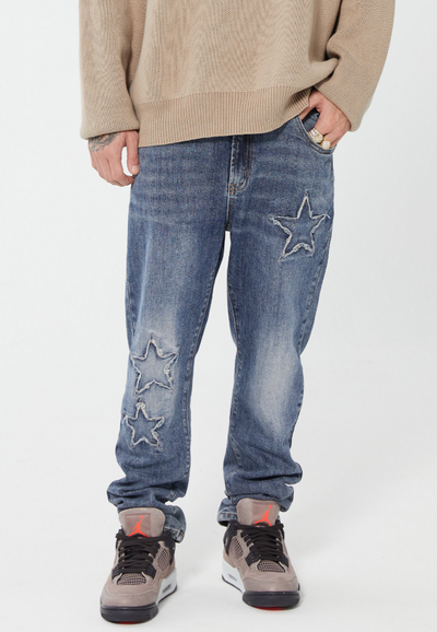 F2CE Pentagram Embroidery Piece Frayed Edges Denim Jeans Pants
