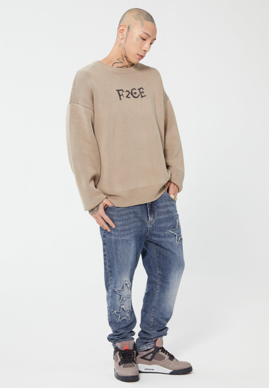 F2CE Pentagram Embroidery Piece Frayed Edges Denim Jeans Pants | Face 3 Face