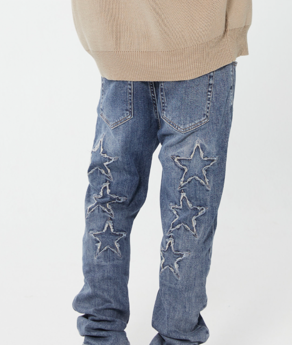 F2CE Pentagram Embroidery Piece Frayed Edges Denim Jeans Pants | Face 3 Face