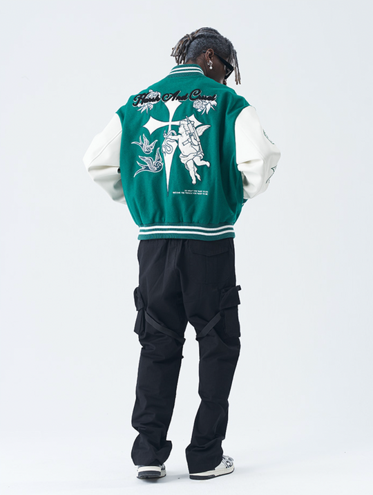 Harsh and Cruel Cross Angel Embroidered Varsity Jacket | Face 3 Face